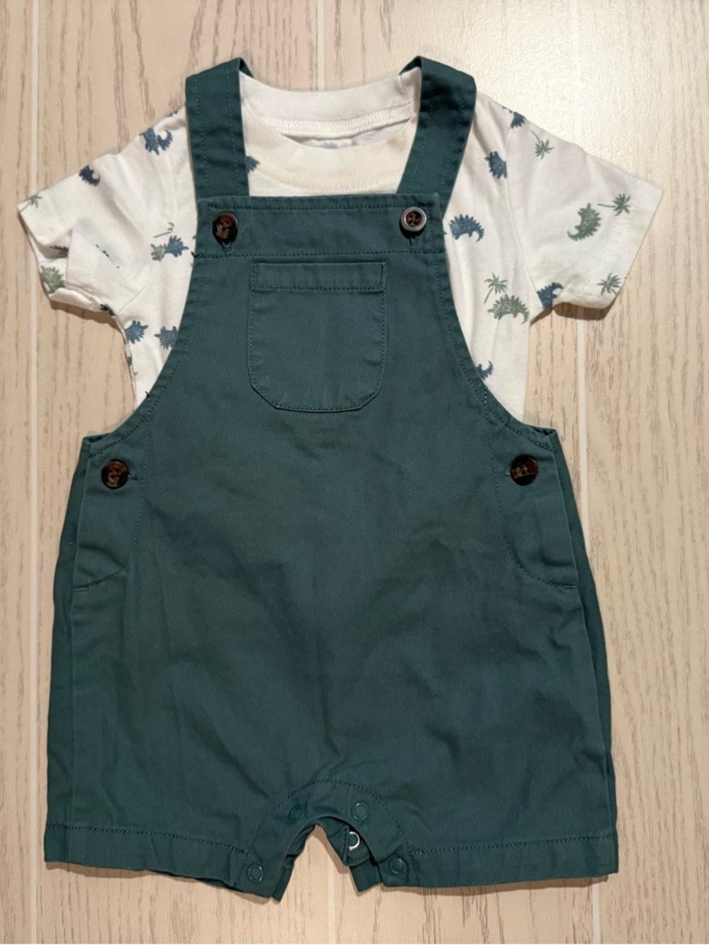 Carters Baby Boy 12M Dino Outfit Shortall Set Green‎ Overalls Shirt EUC